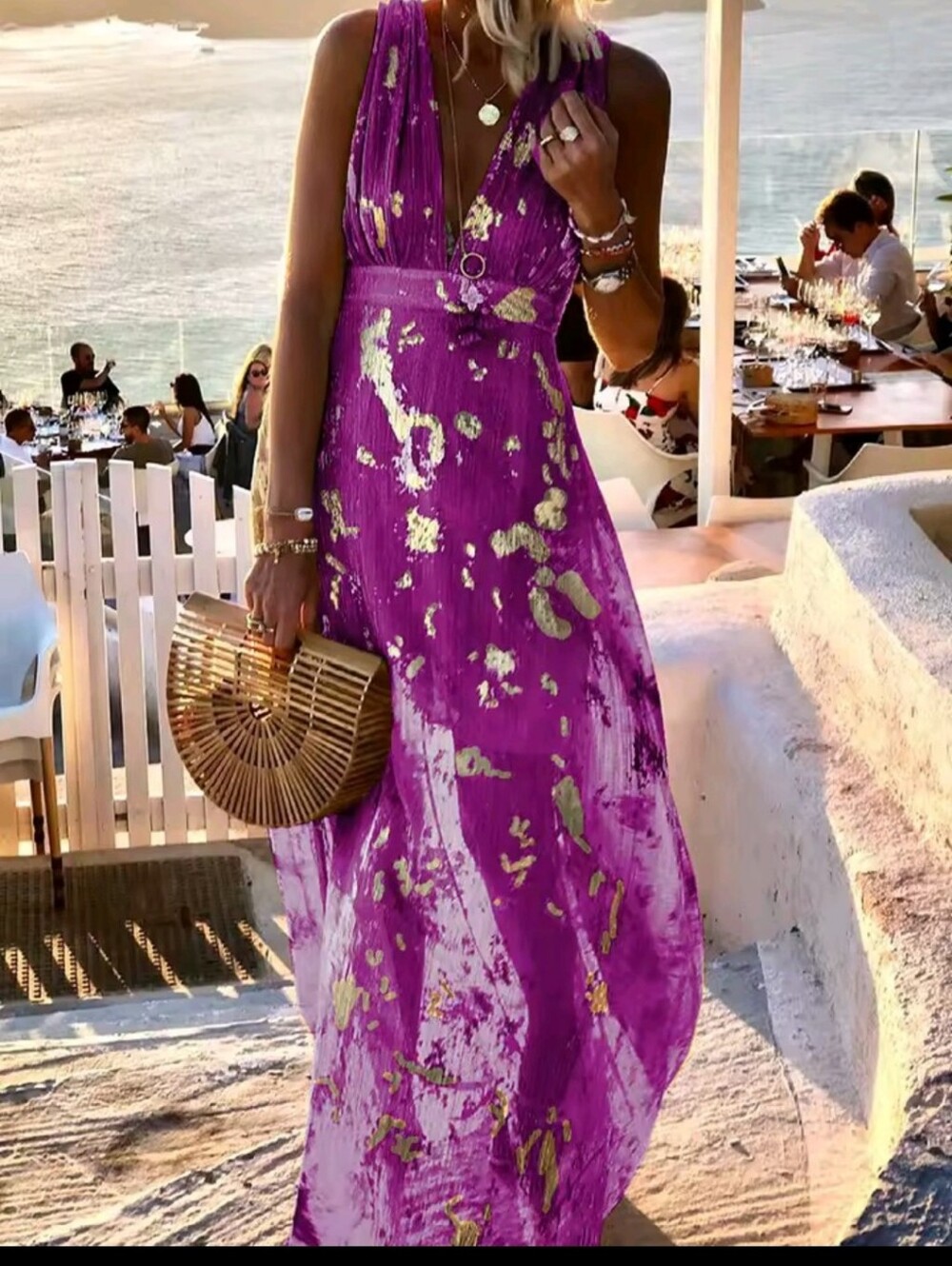 Plunge V Neck Sleeveless Maxi Dress Vibrant Pink And Metallic Gold Sz L
